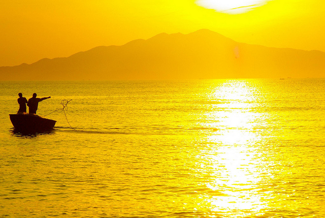 fishing at sunrise in hoi an