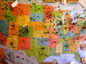 Map of the USA with pins all over